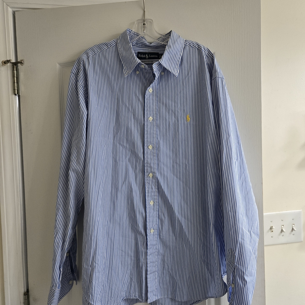 Ralph Lauren Men's Blue and White Striped Shirt Size 2XL